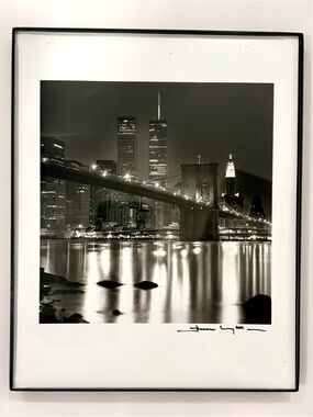 Vintage Signed B/W Picture NYC World Trade Center Twin Towers Brooklyn Bridge